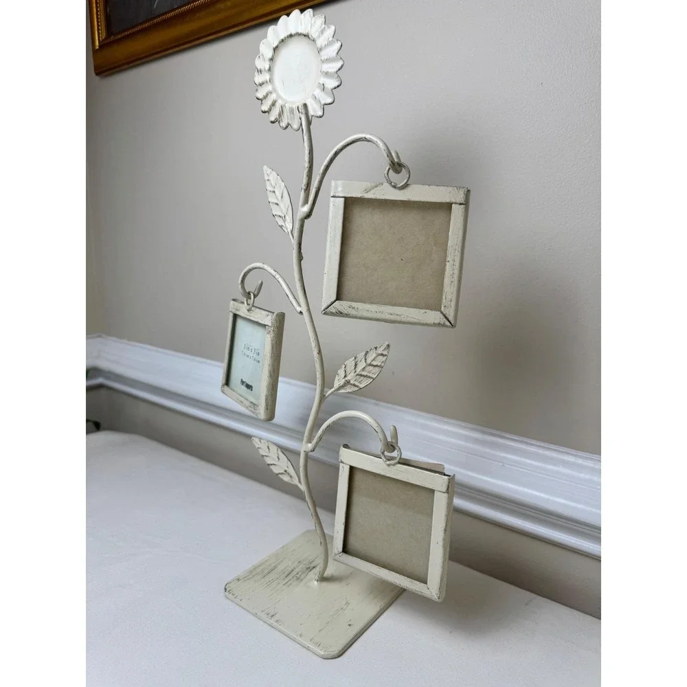Pier 1 Imports Sunflower Photo‎ Tree Distressed White Metal 3 Frame Shabby Chic